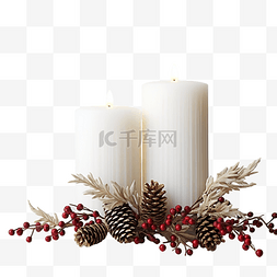 图片列图片_两支白色圣诞蜡烛和树枝花环的模