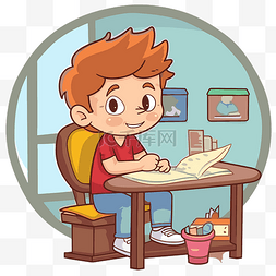 卡通男孩在书桌上用笔学习 向量