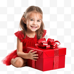坐在礼物上的人图片_穿着红裙的可爱快乐小女孩玩着圣