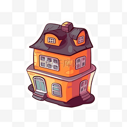 房子贴图片_可爱的房子贴纸插图，带有橙色屋