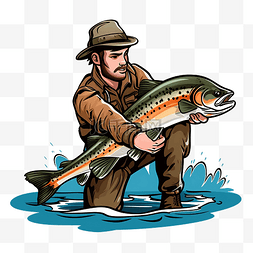渔夫和鳟鱼卡通插图