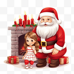 圣诞老人和家里的壁炉和圣诞树附