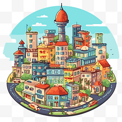 圆形星球上的城市剪贴画卡通城市