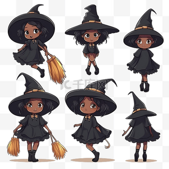 跳舞小黑人图片素材_卡通可爱小年轻黑人女巫拿着扫帚