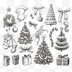 手绘风车村图片_素描风格手绘插画中的圣诞套装