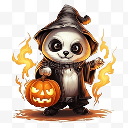恐怖头图片_可爱万圣节南瓜头熊猫插画举着火