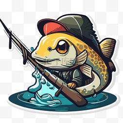 鱼竿卡通图片_一条鱼与钓鱼竿剪贴画的卡通贴纸