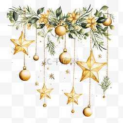 装饰品星星图片_圣诞快乐金星花环冬青和球插画