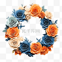 白色玫瑰花环图片_小屋民间潮流中的蓝色和橙色玫瑰