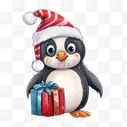 拿着礼物的动物图片_可爱的企鹅角色戴着圣诞帽拿着礼