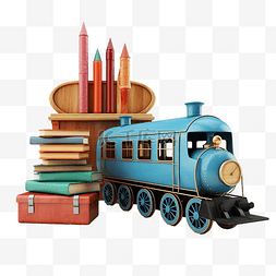 冰上的尤里动态图片_3d 蓝色机车与木制货车与学校用品