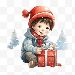 快乐小男孩在户外圣诞礼物的插图