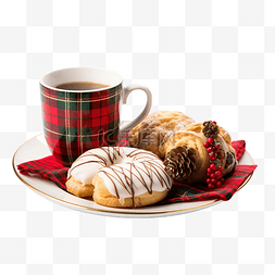 盘子上的圣诞礼物和格子上的咖啡