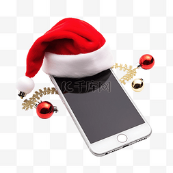老人手机图片_关闭有圣诞老人帽子和圣诞装饰品