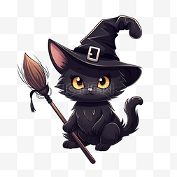 可爱的黑女巫猫在万圣节飞扫帚与