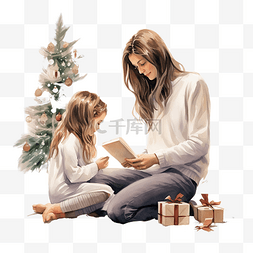 妈妈和坐在圣诞树旁的小女儿说话
