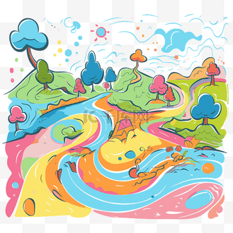 跟踪剪贴画涂鸦路与彩虹彩色风景卡通 向量