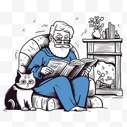 卡通手绘风格人物图片_手绘老人读一本书，上面有涂鸦风