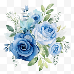蓝色绿叶背景图片_水彩鲜花花束与蓝玫瑰和绿叶插画