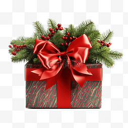 圣诞礼品带图片_有红丝带和圣诞树枝的礼品盒
