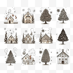 手绘風图片_房屋和树木圣诞贺卡插画手绘建筑