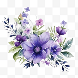 与水背景图片_花卉组合与水彩元素紫罗兰花和叶