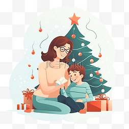 女人坐沙发上图片_美丽的母子一家人坐在圣诞树的沙