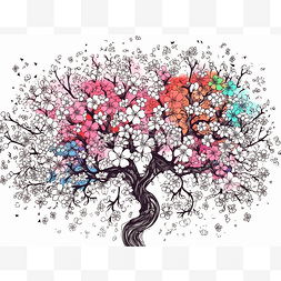 开花树图片_美丽的开花树的彩色水彩画