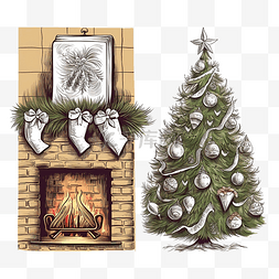 冬天雪的图片_圣诞树壁炉玩具手绘插画