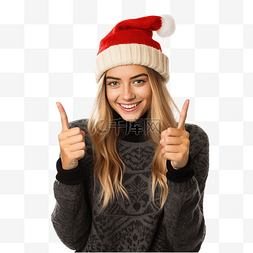乐观的女人图片_庆祝圣诞假期的女孩用手指表现出