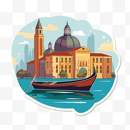 图标插图威尼斯，背景有一艘船 