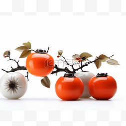树枝上有两个橙色和白色的小花瓶