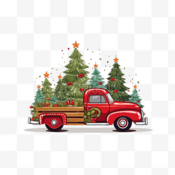 屋顶上有圣诞树的红色汽车