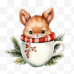 插画狐狸图片_水彩插图集可爱的冬季动物在杯子