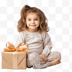 一个小女孩拿着圣诞礼物坐在圣诞