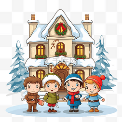 树房子雪卡通图片_卡通儿童在屋前享受冬季圣诞节