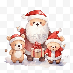 卡通企鹅和北极熊图片_可爱的圣诞老人和朋友们带着水彩