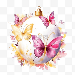 圣诞节花图片_节日球与蝴蝶和金色飞溅水彩插图