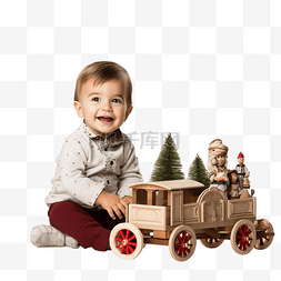 英俊的白人小孩坐在豪华圣诞树前