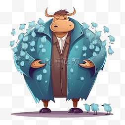 卡通人性化大公牛，穿着外套和小
