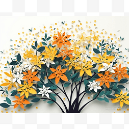 树剪纸剪纸图片_开着黄色和橙色花朵的纸艺树