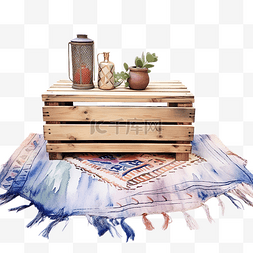 棕色的木箱图片_水彩木箱桌和波西米亚风格地毯