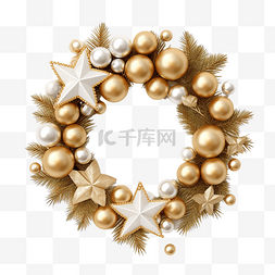金色圣诞花图片_圣诞花环装饰松叶金星和金球