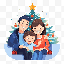 圣诞节，亚洲父母带着女儿在沙发