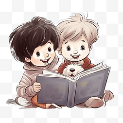 儿童阅读图片_小女孩和男孩以及他们快乐的小狗