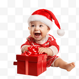 坐着的婴儿图片_表面有礼品盒和圣诞树的有趣婴儿