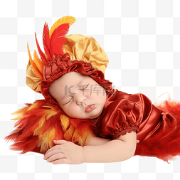 睡觉微笑的孩子图片_可爱的感恩节婴儿穿着公鸡服装睡