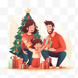 圣诞节早上，幸福的家庭在枞树附