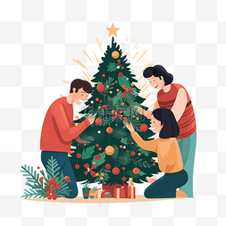 幸福家庭树图片_装饰圣诞树的幸福家庭的平面图