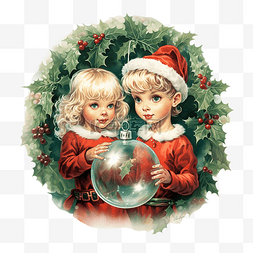 手绘花卉画框图片_圣诞贺卡与冬青和精灵与玻璃小玩